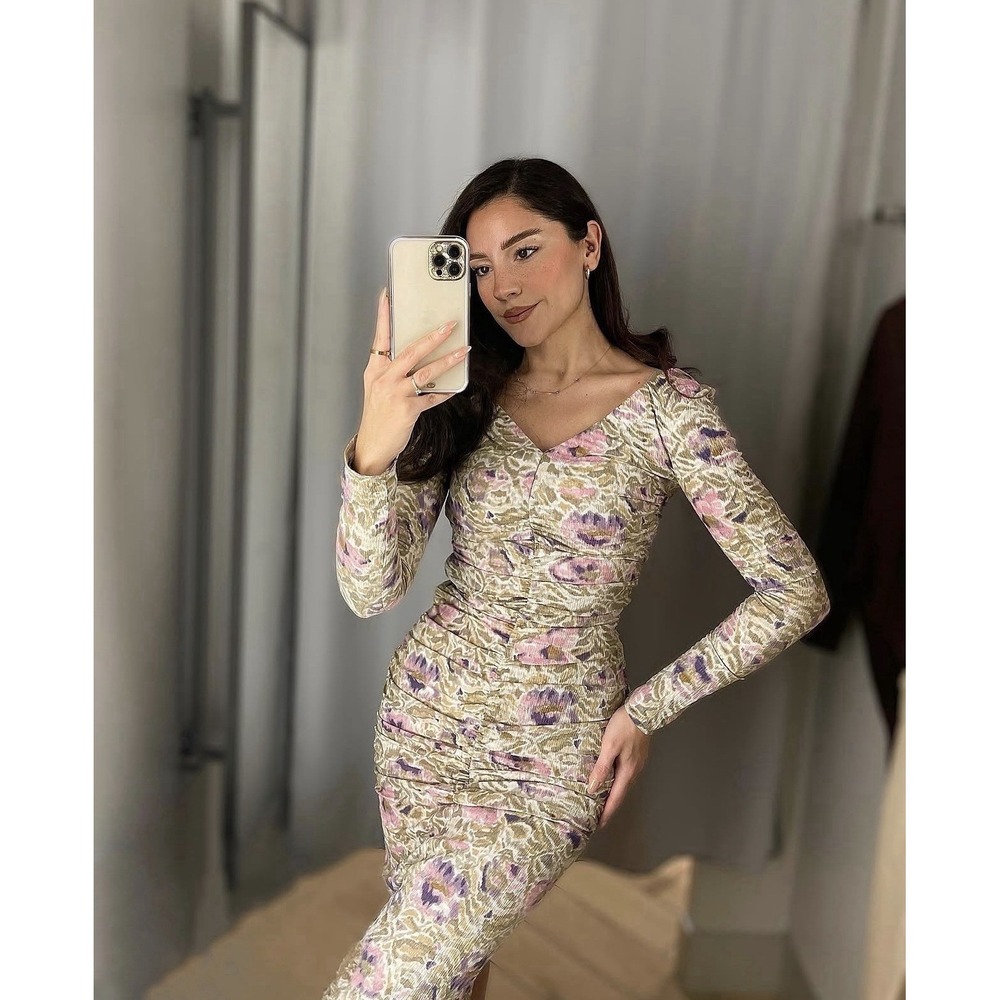 H&M Floral Ruched Midi Dress Bodycon Long Sleeve V Neck Boho Romantic Size XS